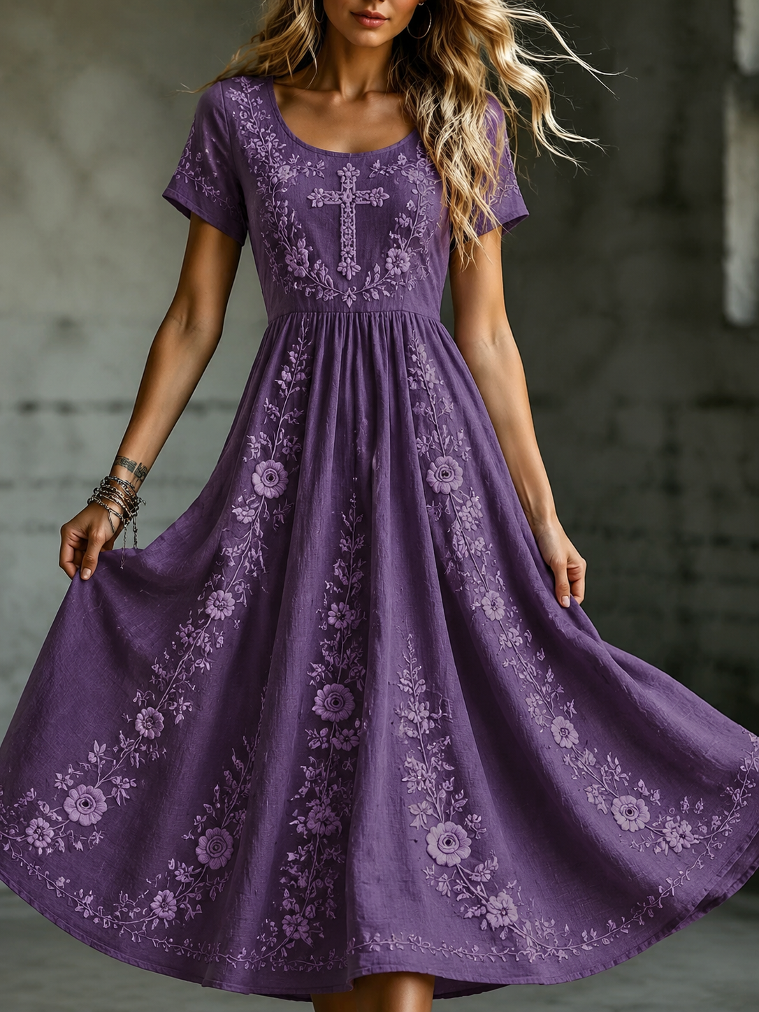 Retro Elegant Floral Art Linen Blend Dress