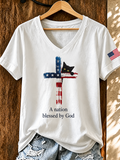 Women's God Bless America Letter USA Flag Print Cross Sleeve Patch V-Neck Short Sleeve Casual Cotton T-Shirt