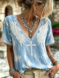 Boho Faith Cross Art Linen Blend V-Neck Short Sleeve Shirt