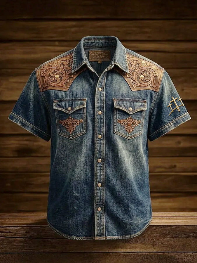 Men's Jesus Faith Western Style Washed Denim Printed Casual Short Sleeved Shirt
