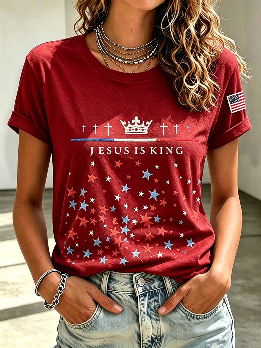Faith Cross Embroidered Print Commemorative Print Round Neck Top