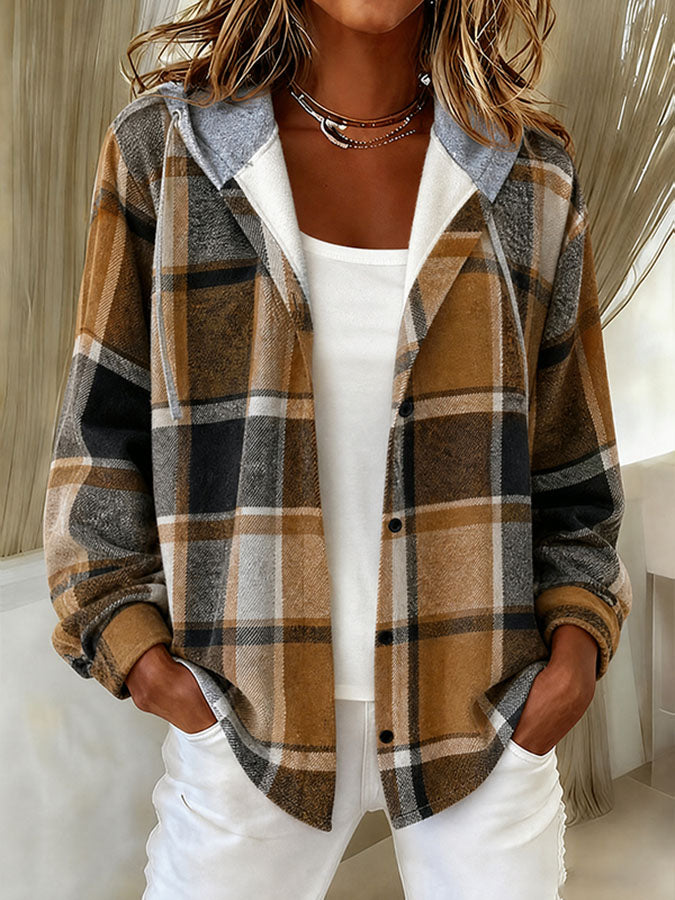 Women'S Large Checkered Autumn And Winter Hooded Jacket