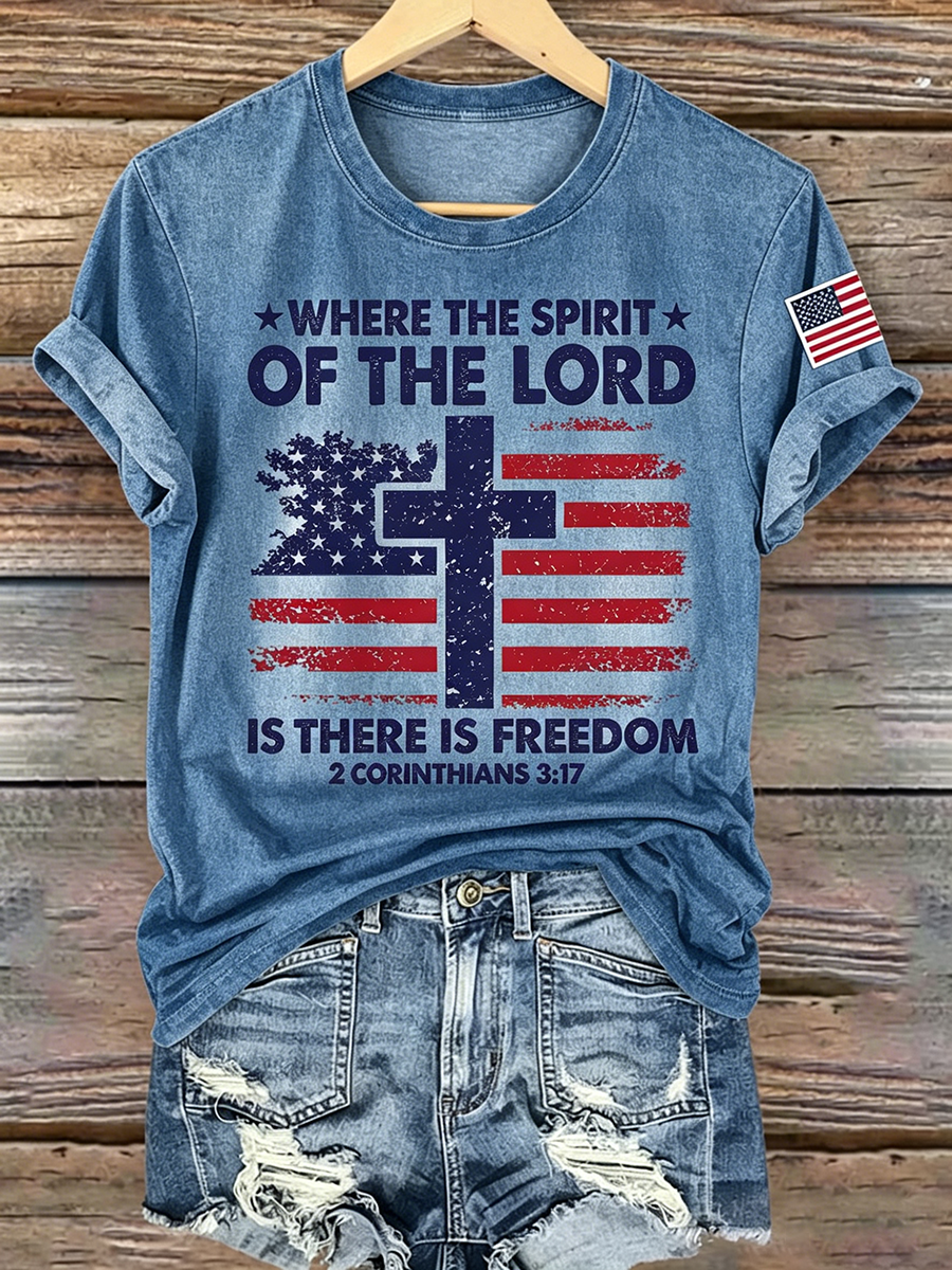 American Faith Cross Commemorative Printed Casual T-Shirt