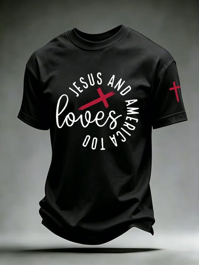 Men'S Love Jesus And America Too Print Short Sleeve T-Shirt