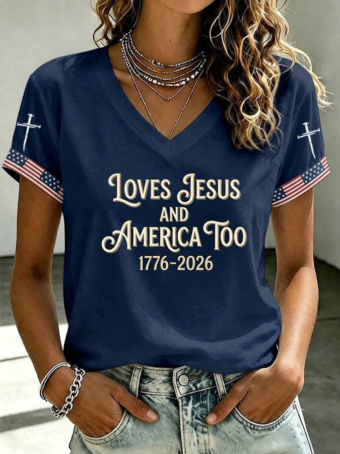Women's American Flag Faith Cross Print T-shirt