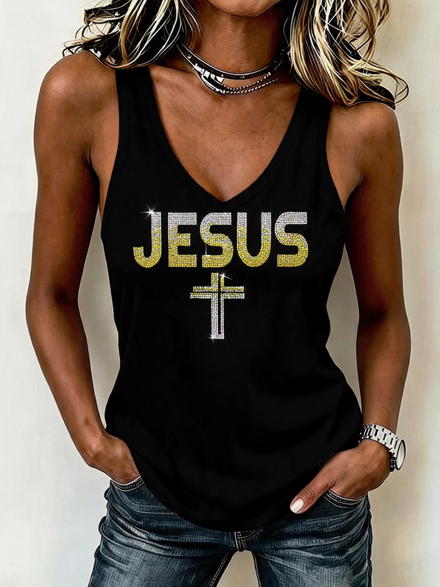 Women'S Jesus Rhinestone Print Casual Tank Top