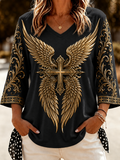 Women'S Faith Cross Printed V Neck 3/4 Sleeve Casual Tee