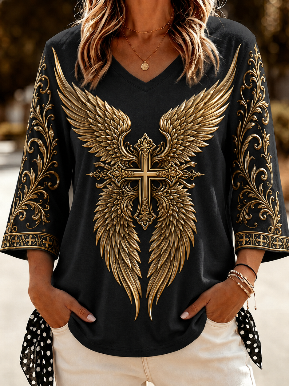 Women'S Faith Cross Printed V Neck 3/4 Sleeve Casual Tee
