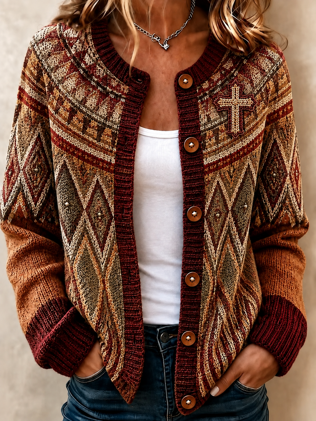 Women'S Fall Vintage Print Knit Cardigan