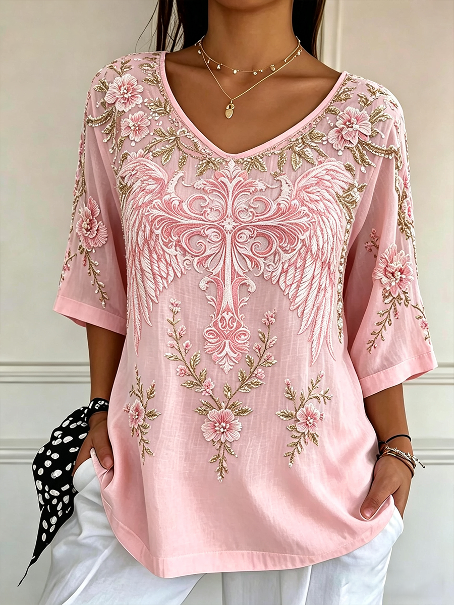 Women's Flower Faith V-neck 3/4 Sleeve Casual T-shirt