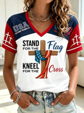 Women's America's 250th Anniversary Stand For The Flag Kneel For The Cross Faith Christian Cross Print T-Shirt