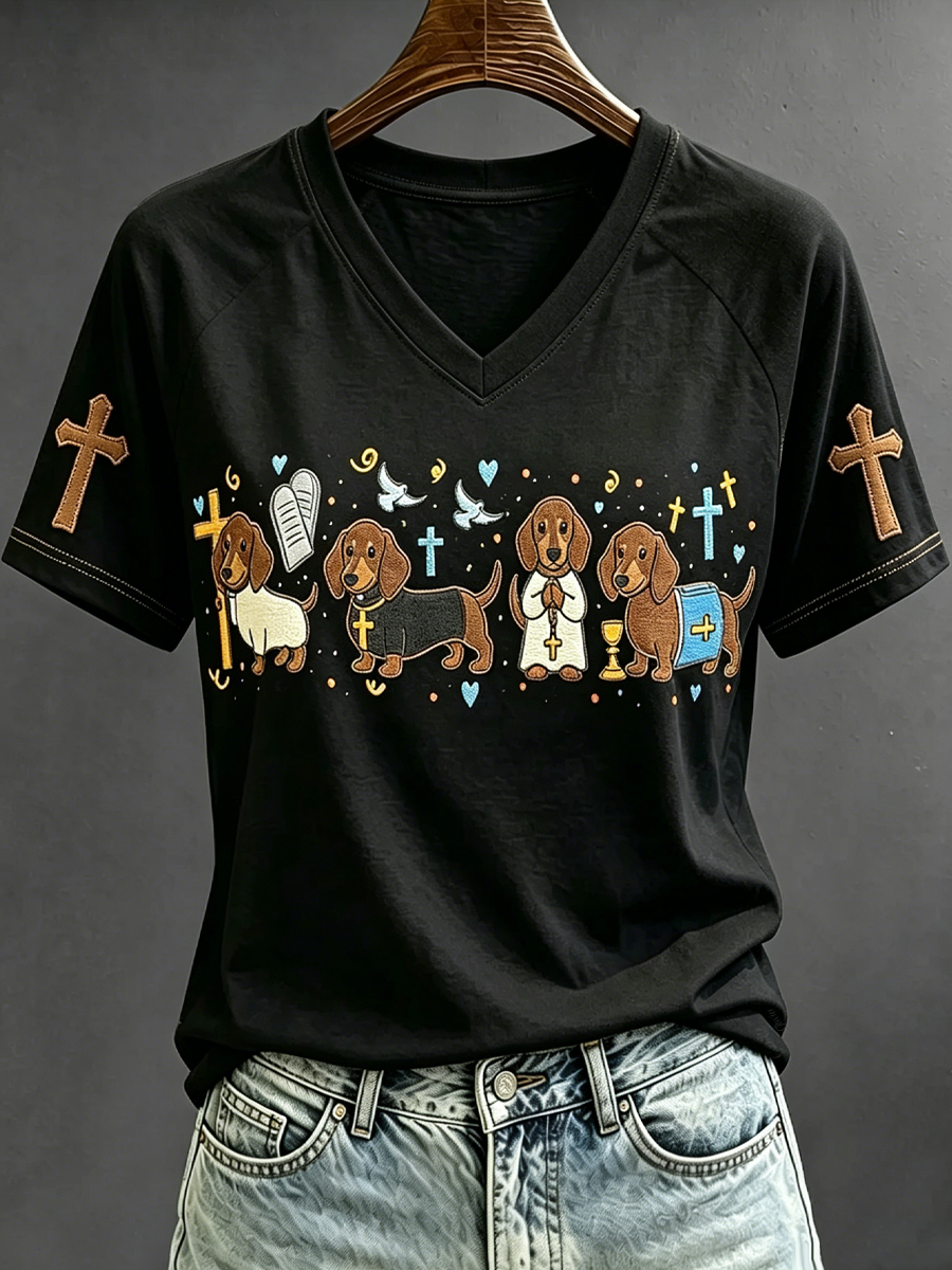 Women'S Dachshund Jesus Print Faith Base Short-Sleeved T-Shirt