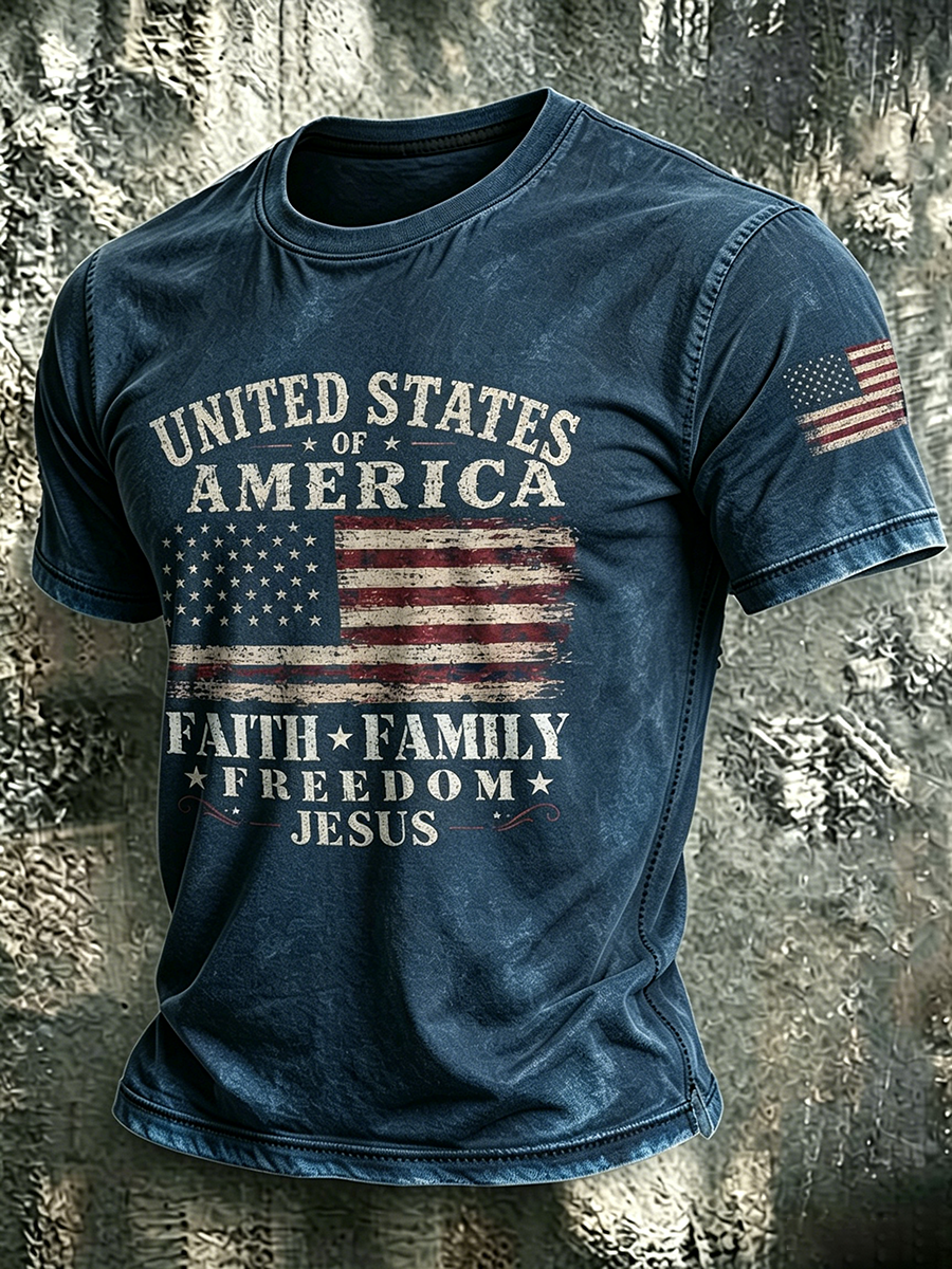 American Flag Faith Commemorative Printed Washed Round Neck T-Shirt