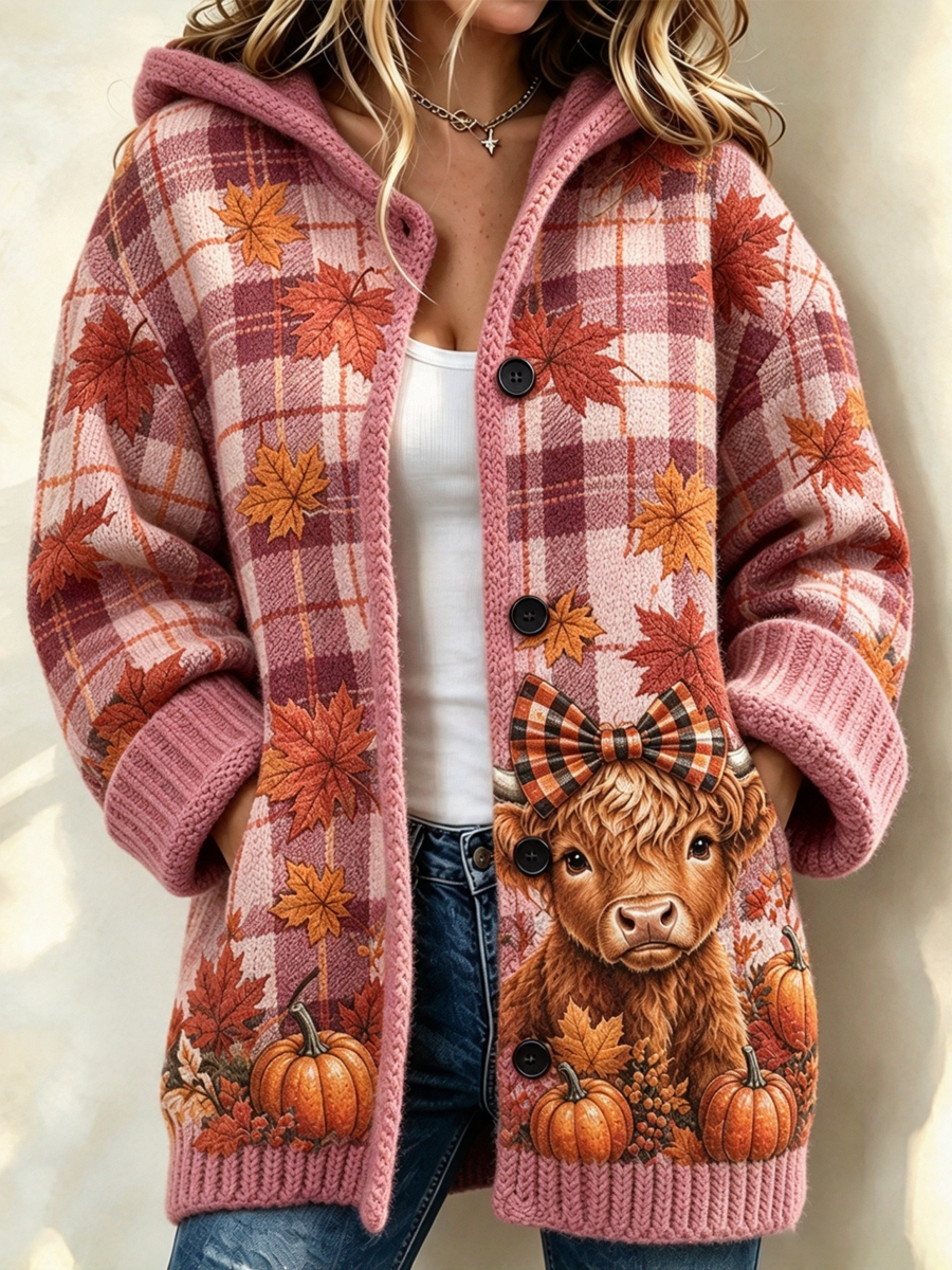 Women'S Highland Cattle Print Casual Cardigan