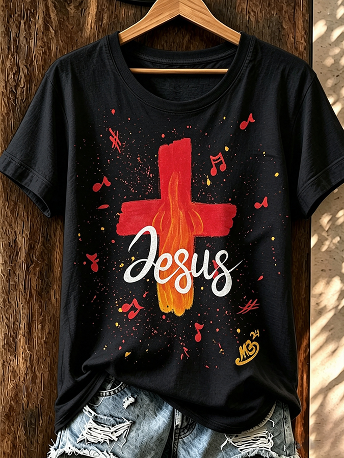 Female Jesus Cross Round Neck T-Shirt