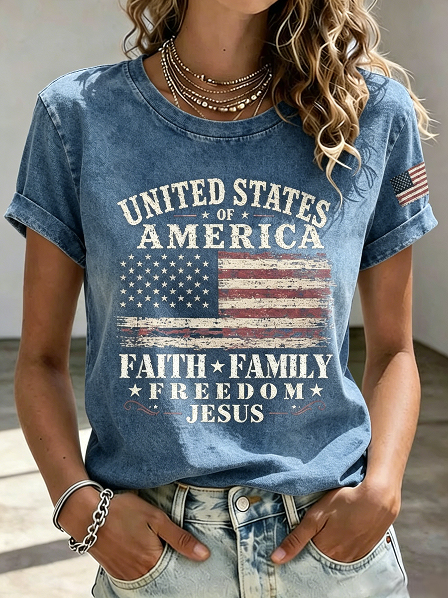 American Flag Jesus Faith Commemorative Print Round Neck T-Shirt