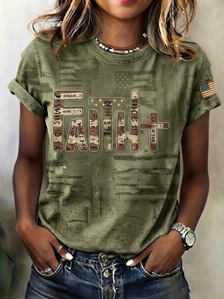 Ladies' Casual Round Neck American 250Th Anniversary Cross Print T-Shirt