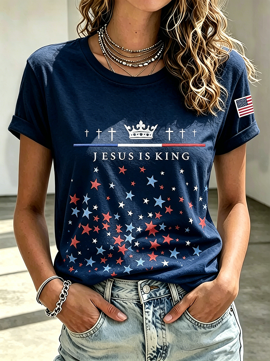 Faith Cross Embroidered Print Commemorative Print Round Neck Top