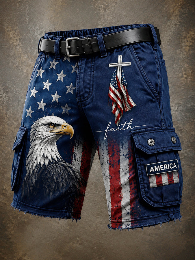 Men's Vintage US Flag Religious Beliefs&Forest Print Cargo Shorts
