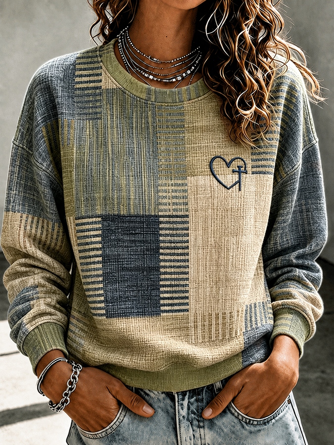 Women's Plaid Patchwork Heart Cross Casual Sweatshirt