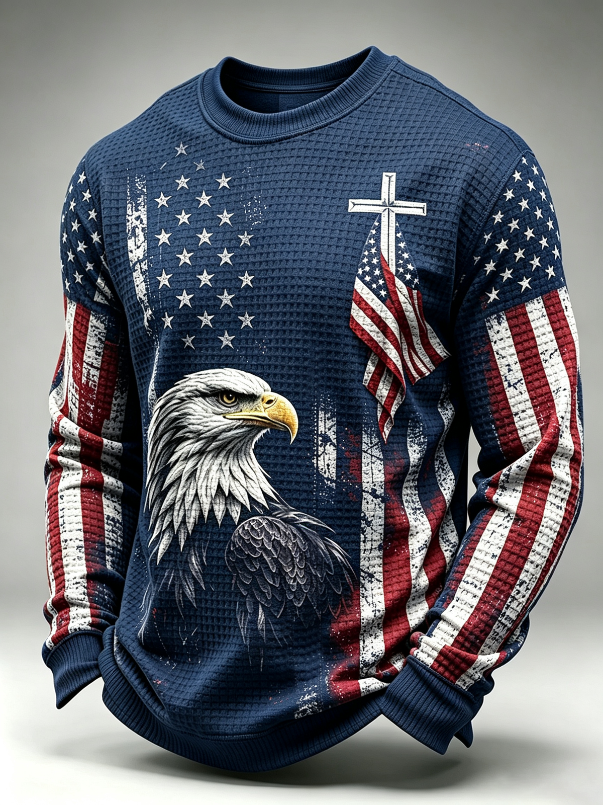 American Flag Faith Cross Printed Waffle Long Sleeve Top