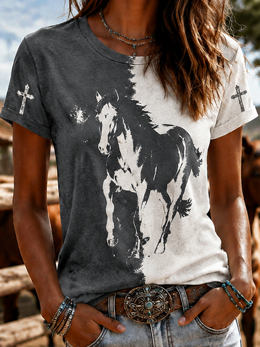 Women'S Western Style Animal Cross Round Neck T-Shirt