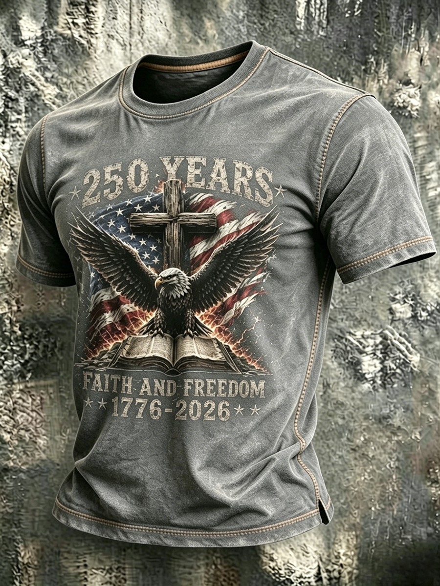 American Anniversary Celebration Commemorative Faith Printed Round Neck T-Shirt