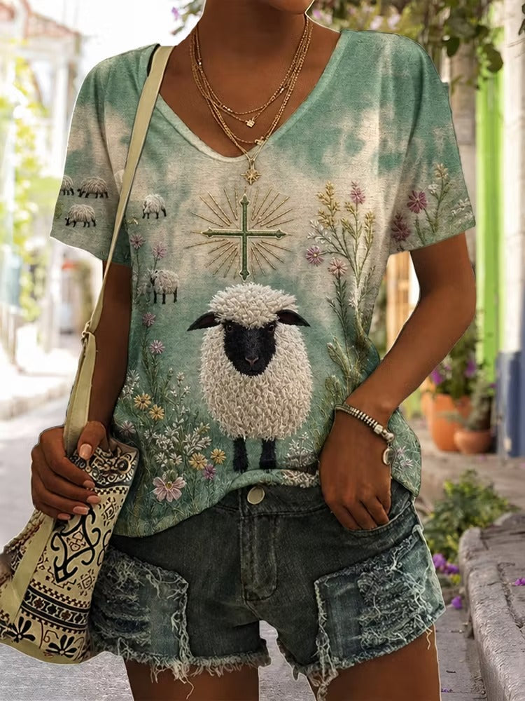 Women's Farm Sheep Cross Floral V-neck T-shirt