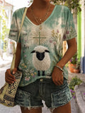 Women's Farm Sheep Cross Floral V-neck T-shirt