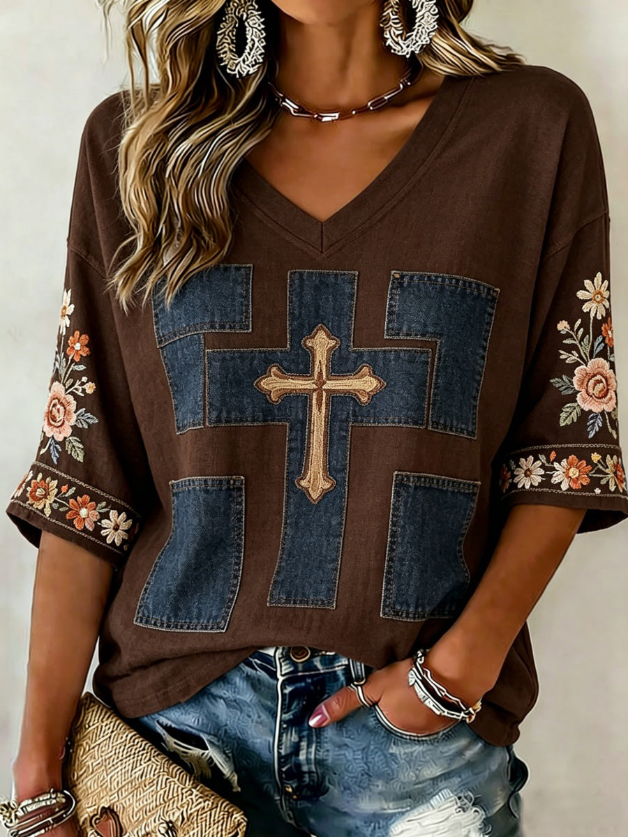 Retro Faith Denim Patchwork Art Women's Short-Sleeve V-Neck T-Shirt