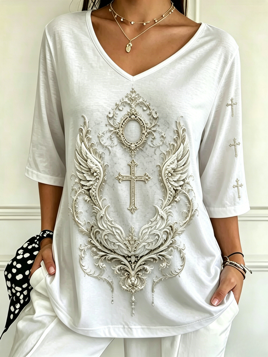 Women'S Faith V-Neck 3/4 Sleeve Casual Printed T-Shirt
