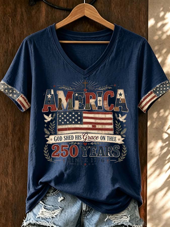 Women'S 250Th Anniversary Flag Faith Cross Commemorative Printed Casual T-Shirt