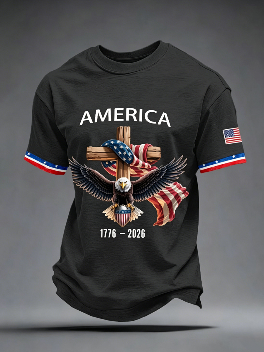 American Flag Commemorative Eagle Cross Printed Round Neck T-Shirt