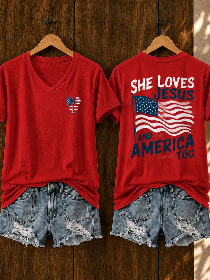 Women'S Faith American Flag Printed Casual V-Neck T-Shirt