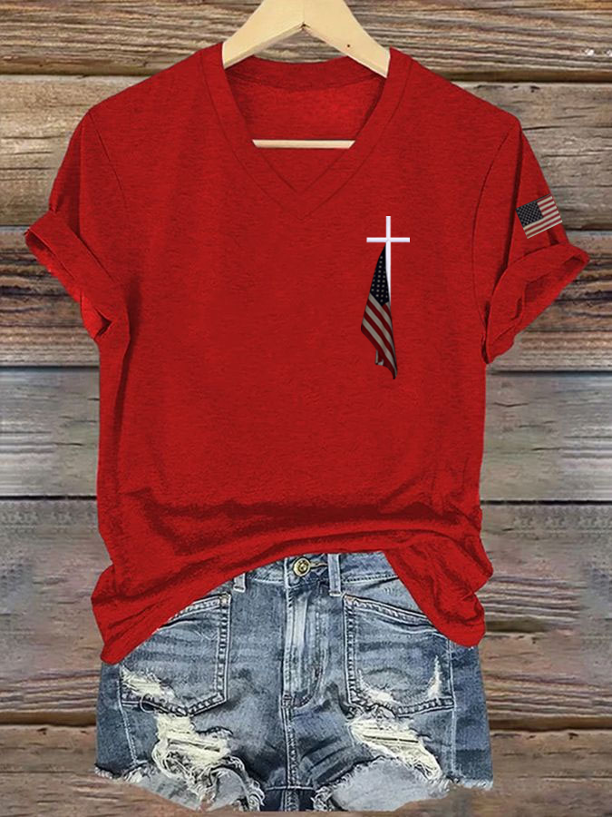 Women'S National flag and cross Print V-Neck T-Shirt