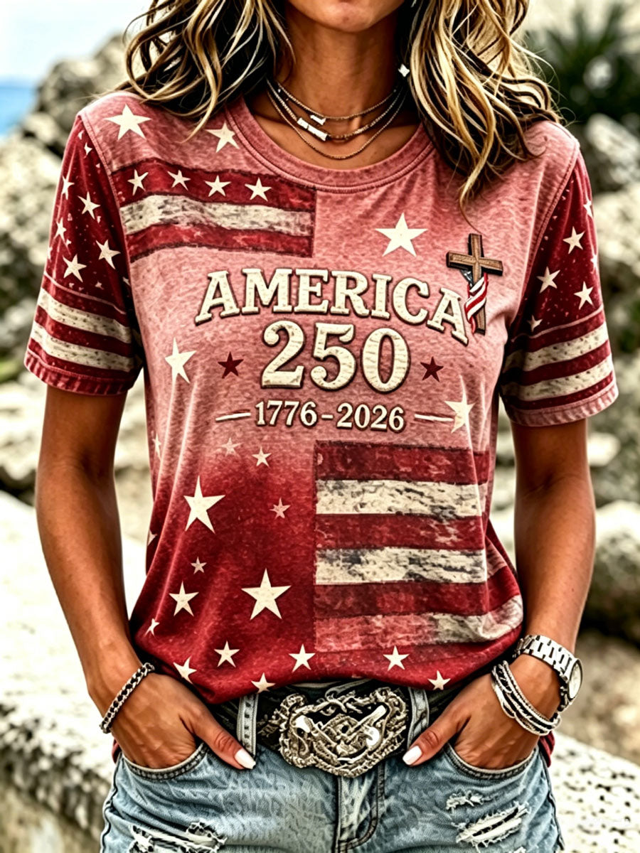Ladies' Casual Round Neck American 250Th Anniversary Cross Print T-Shirt