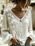 Cotton Linen Flower Embroidery Faith Cross Print Long Sleeve Round Neck T-Shirt