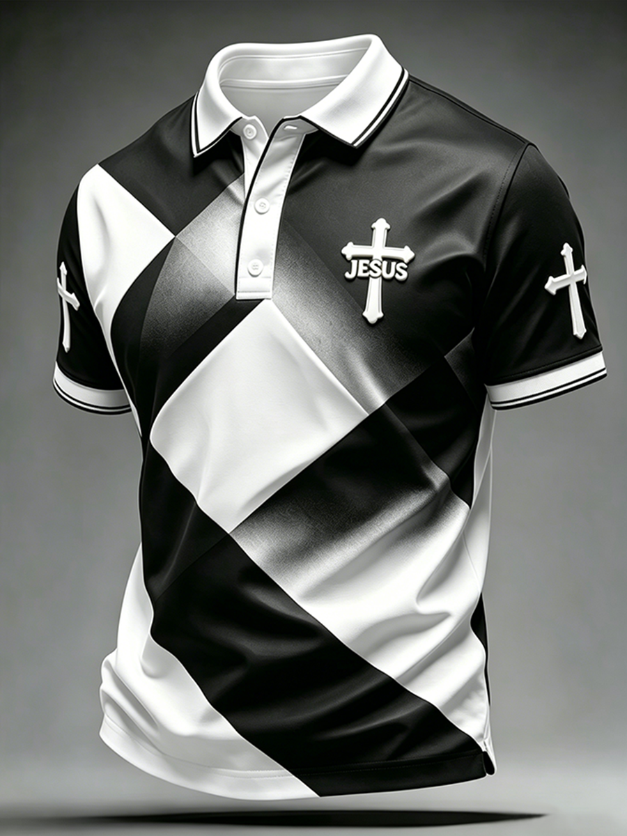 Jesus Cross Gradient Geometric Design Printed Polo Shirt