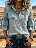 Women's Cross Floral Embroidery Tiered Ruffle Western Shirt