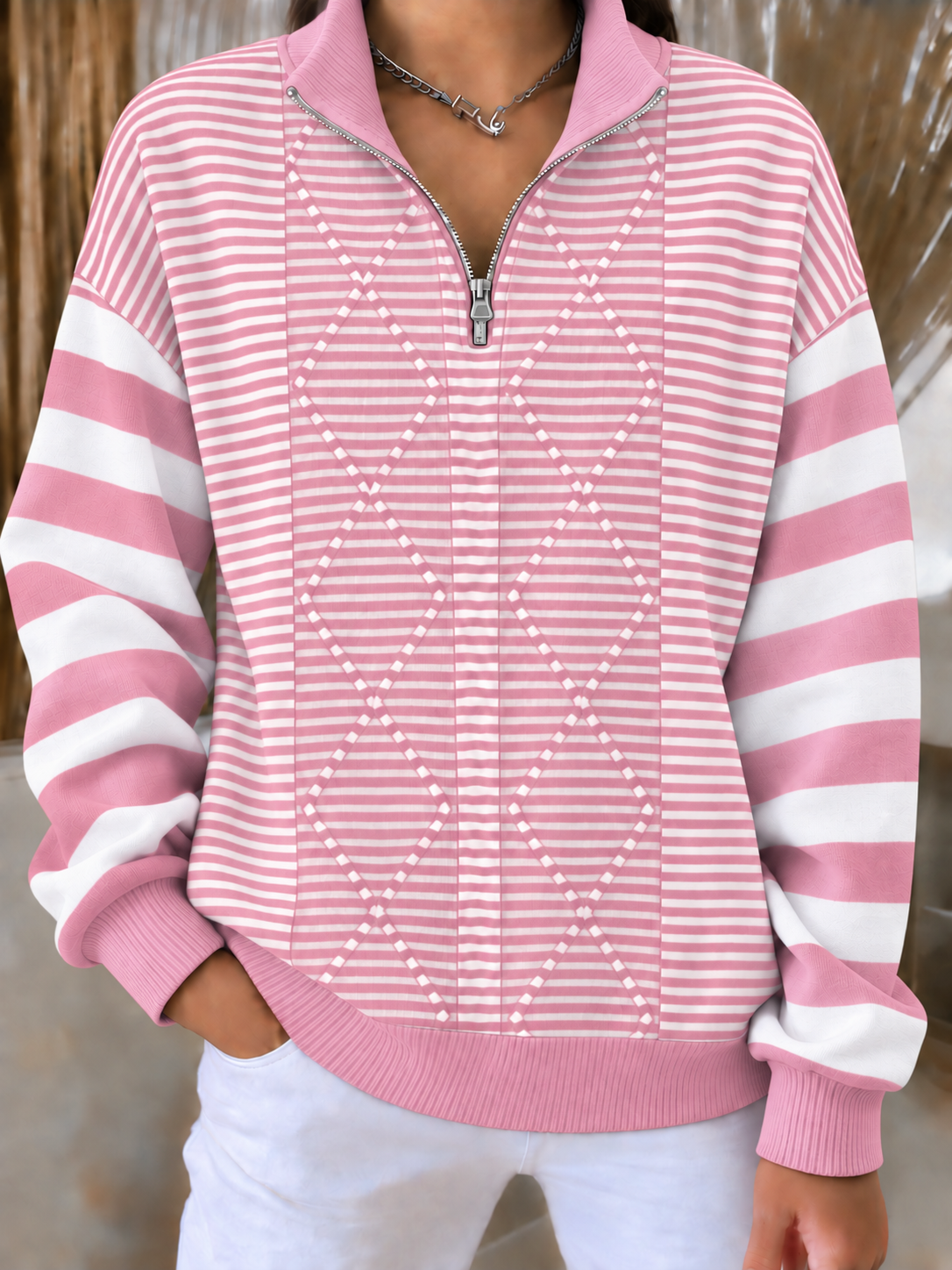 Women'S Casual Striped Zipper Top