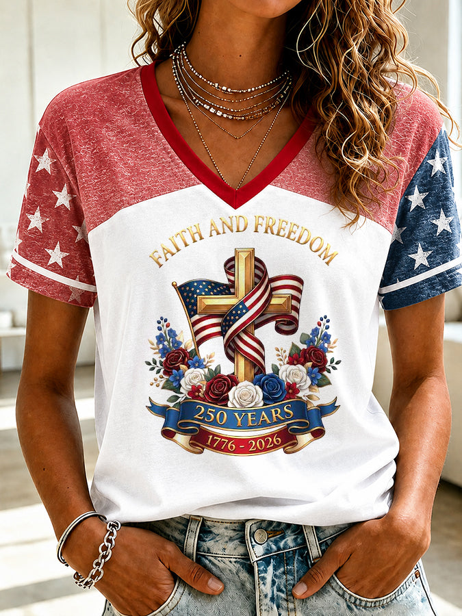 Women's Religious Beliefs American Flag Printed Casual T-shirt