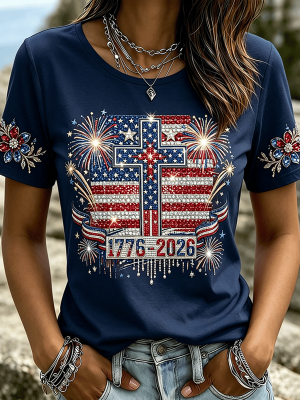 American Patriotic Retro Pattern Printed Comfortable Round Neck T-Shirt