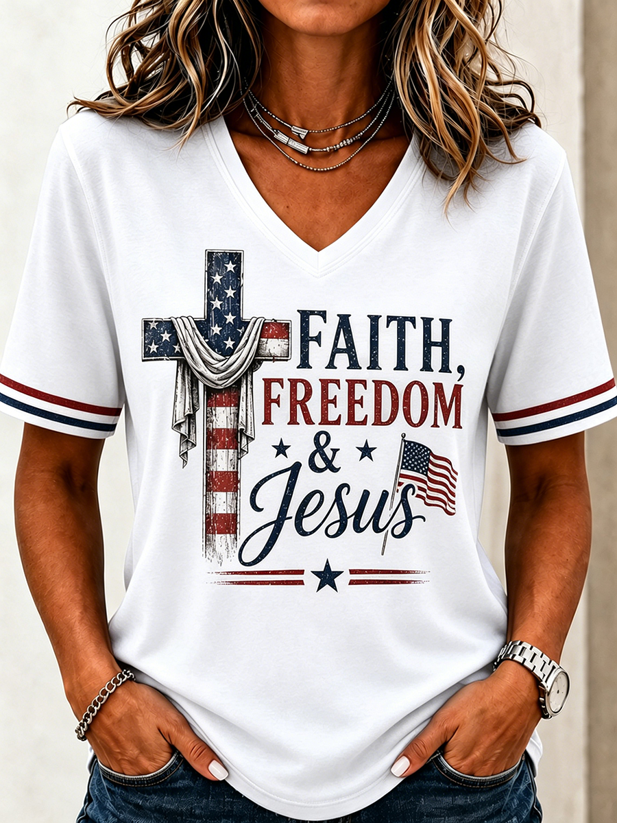 Women'S Faith Freedom Jesus American Flag Cross Striped Cuff T-Shirt