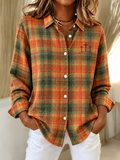 Women'S Plaid Printed Lapel Long Sleeved Shirt