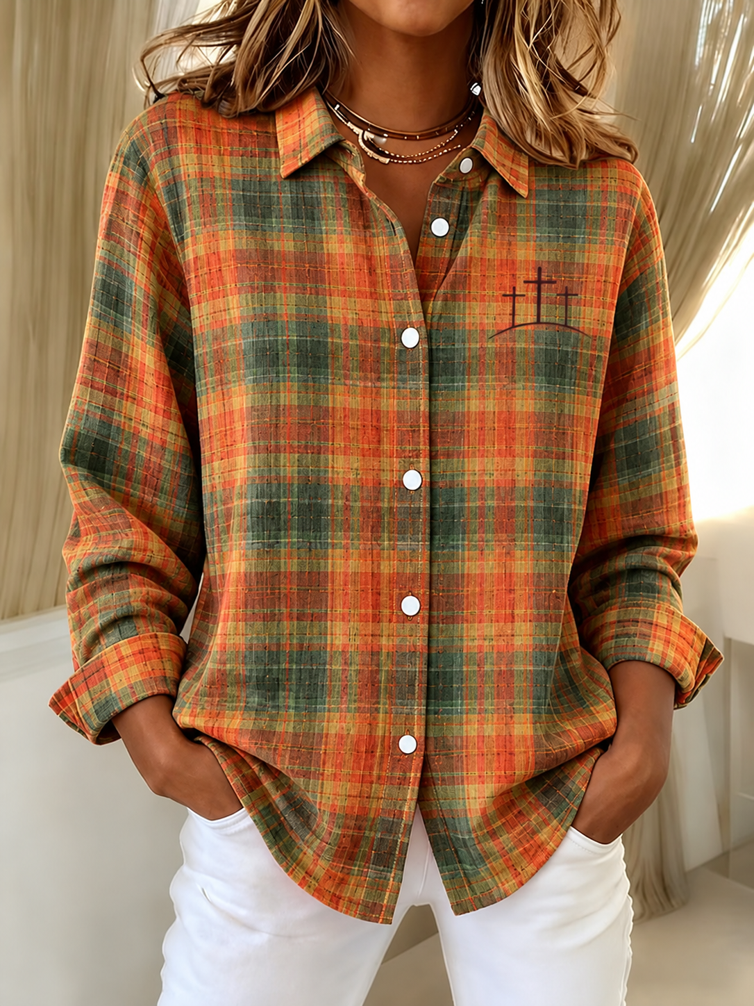 Women'S Plaid Printed Lapel Long Sleeved Shirt