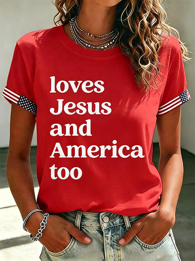 Women'S Love Jesus And America Too Printed Casual T-Shirt