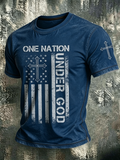 American Faith Cross Slogan Commemorative Print Round Neck T-Shirt