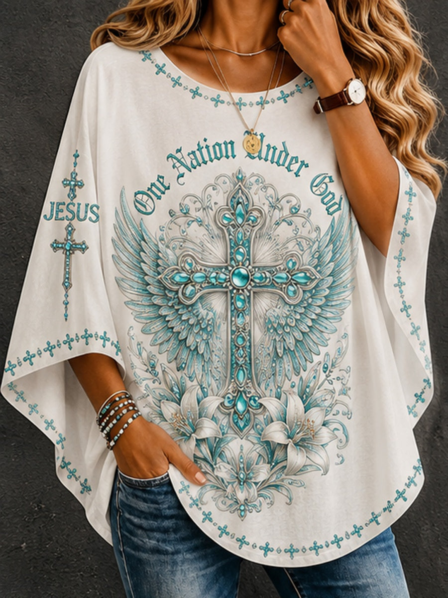 Women's One Nation Under God Cross-Print Long Sleeve Top