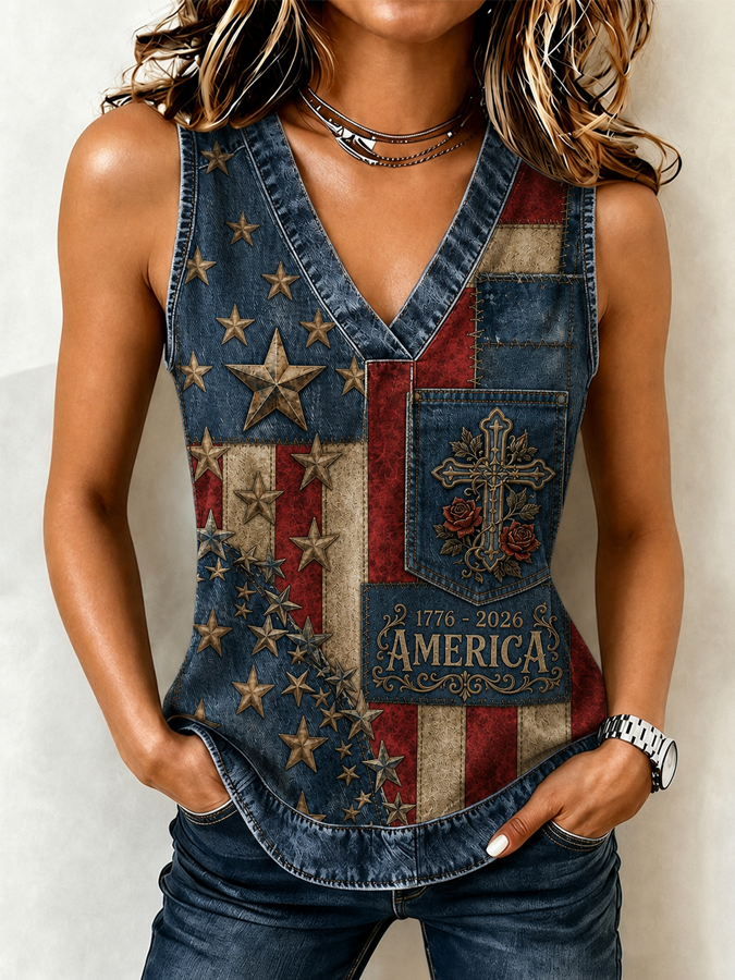 Women's America Flag Print Sleeveless Top