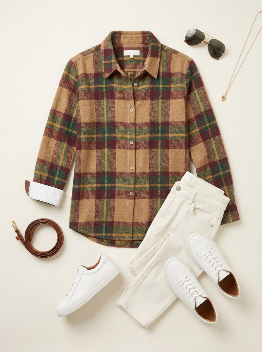 Women's Autumn Fall Plaid Pattern Printed Button-Down Shirt